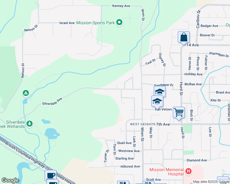 map of restaurants, bars, coffee shops, grocery stores, and more near 31858 Silverdale Avenue in Mission