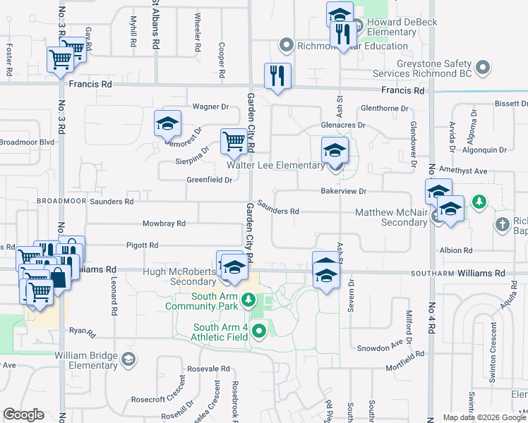 map of restaurants, bars, coffee shops, grocery stores, and more near 9011 Pinewell Crescent in Richmond