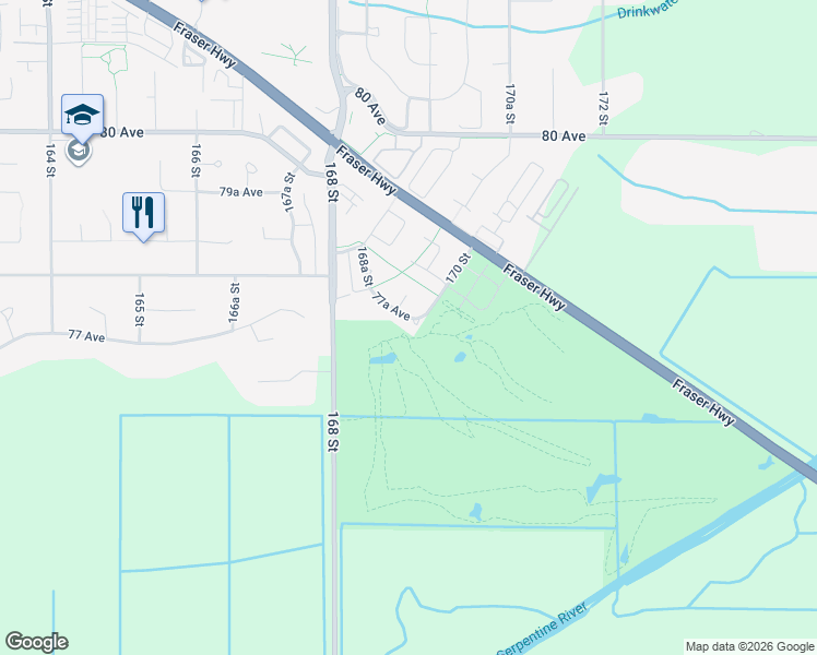 map of restaurants, bars, coffee shops, grocery stores, and more near 16988 77A Avenue in Surrey