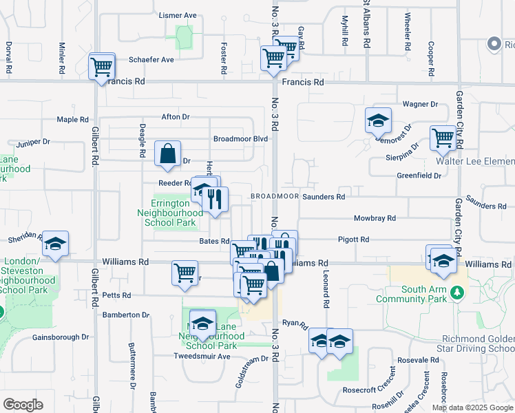 map of restaurants, bars, coffee shops, grocery stores, and more near 9780 Bates Road in Richmond