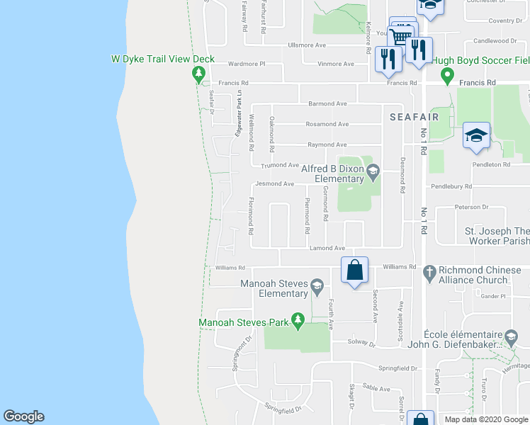 map of restaurants, bars, coffee shops, grocery stores, and more near 9240 Chapmond Crescent in Richmond