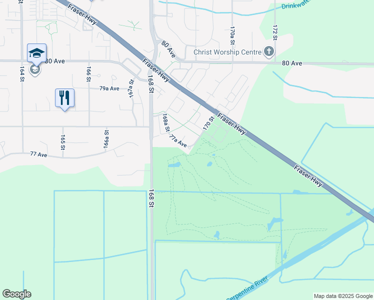 map of restaurants, bars, coffee shops, grocery stores, and more near 16980 77A Avenue in Surrey