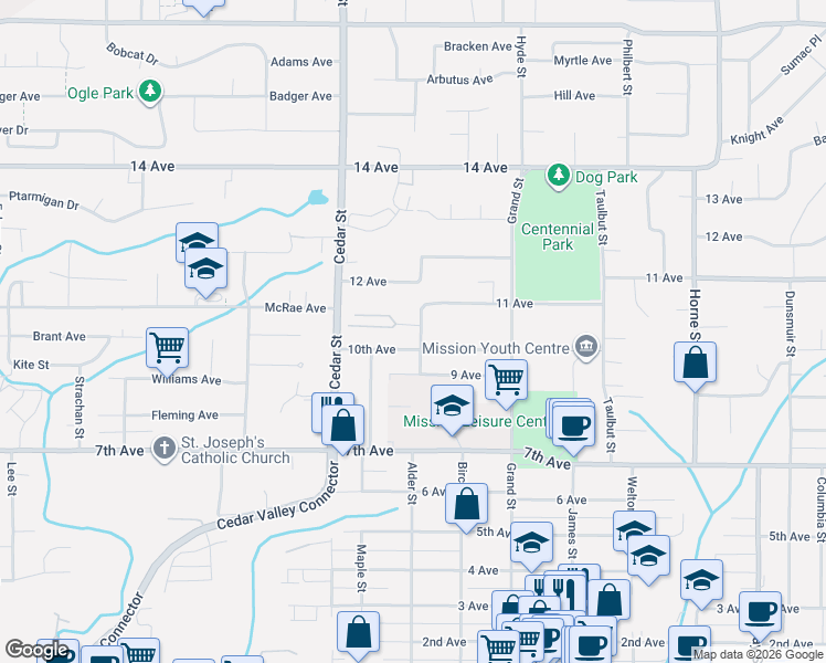 map of restaurants, bars, coffee shops, grocery stores, and more near 7755 Alder Street in Mission