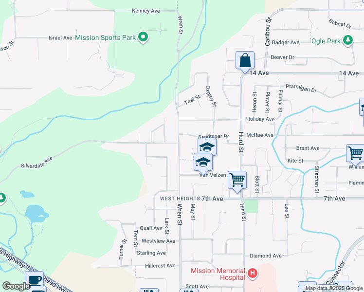 map of restaurants, bars, coffee shops, grocery stores, and more near 7768 Wren Street in Mission