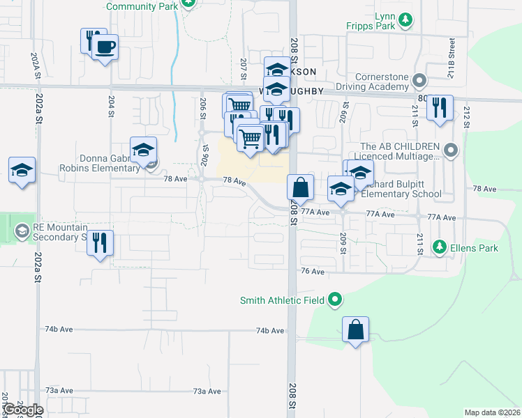 map of restaurants, bars, coffee shops, grocery stores, and more near 7716 207 Street in Langley Township