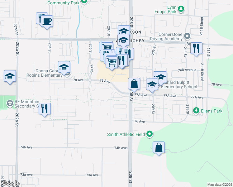 map of restaurants, bars, coffee shops, grocery stores, and more near 7716 207 Street in Langley Township