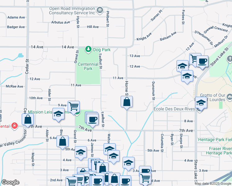 map of restaurants, bars, coffee shops, grocery stores, and more near 7766 Deerfield Street in Mission