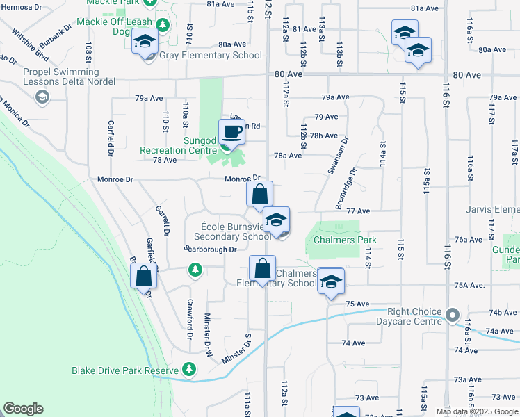 map of restaurants, bars, coffee shops, grocery stores, and more near 7735 112 Street in Delta