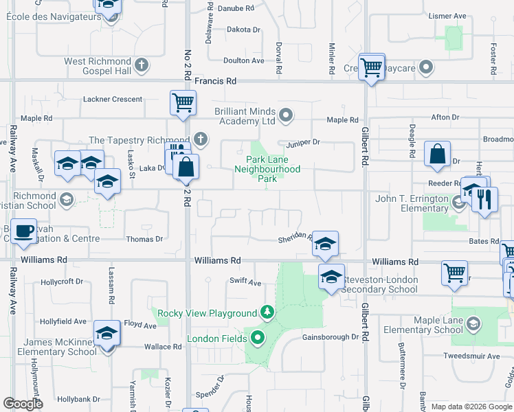 map of restaurants, bars, coffee shops, grocery stores, and more near 6245 Sheridan Road in Richmond