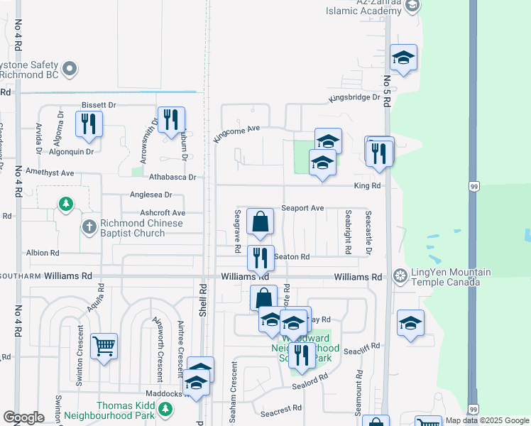 map of restaurants, bars, coffee shops, grocery stores, and more near 11220 Seaport Avenue in Richmond