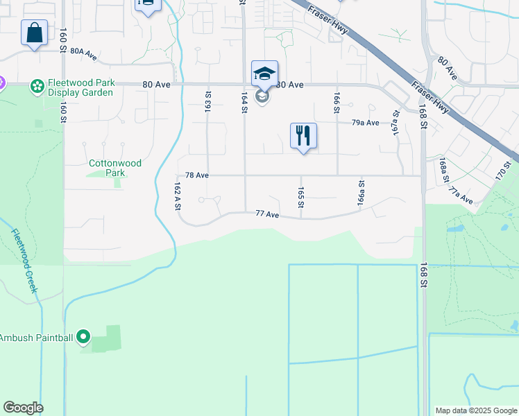 map of restaurants, bars, coffee shops, grocery stores, and more near 16425 77 Avenue in Surrey