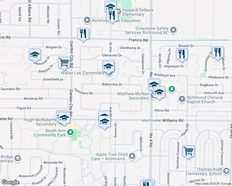 map of restaurants, bars, coffee shops, grocery stores, and more near 9551 Saunders Road in Richmond