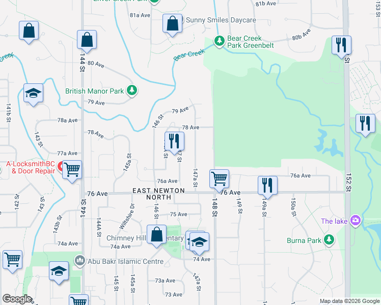 map of restaurants, bars, coffee shops, grocery stores, and more near 7719 147A Street in Surrey