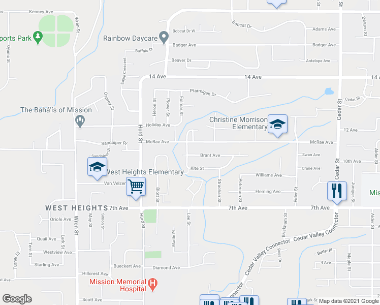 map of restaurants, bars, coffee shops, grocery stores, and more near 32347 Brant Avenue in Mission