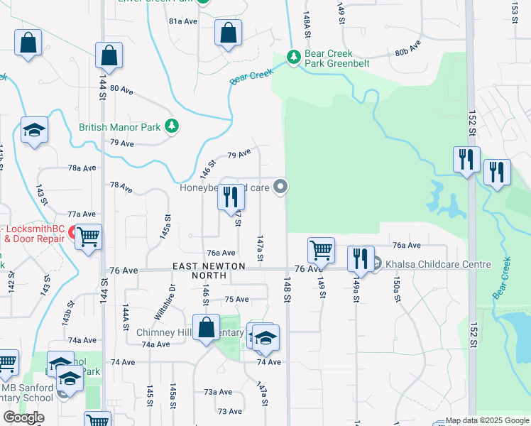 map of restaurants, bars, coffee shops, grocery stores, and more near 7720 147A Street in Surrey