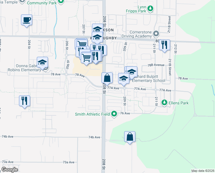 map of restaurants, bars, coffee shops, grocery stores, and more near 217-20829 77A Avenue in Langley Township