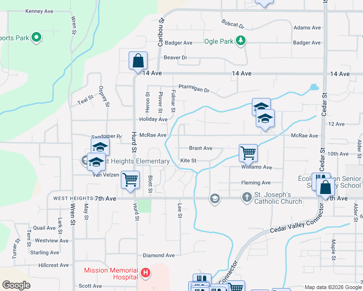 map of restaurants, bars, coffee shops, grocery stores, and more near 32347 Brant Avenue in Mission