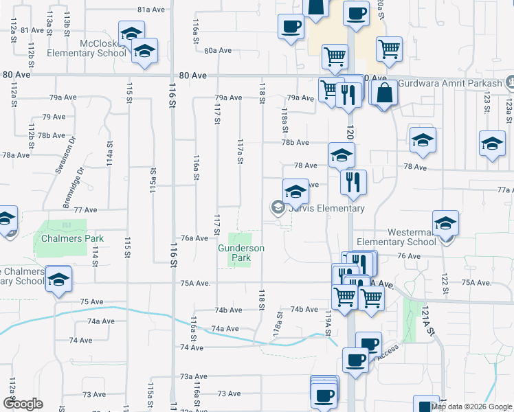 map of restaurants, bars, coffee shops, grocery stores, and more near 7707 118 Street in Delta