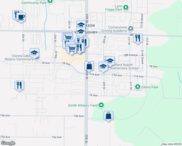 map of restaurants, bars, coffee shops, grocery stores, and more near in Langley Township