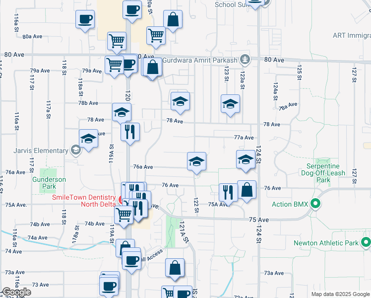 map of restaurants, bars, coffee shops, grocery stores, and more near 12183 77 Avenue in Surrey
