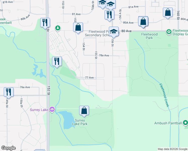 map of restaurants, bars, coffee shops, grocery stores, and more near 7719 155 Street in Surrey