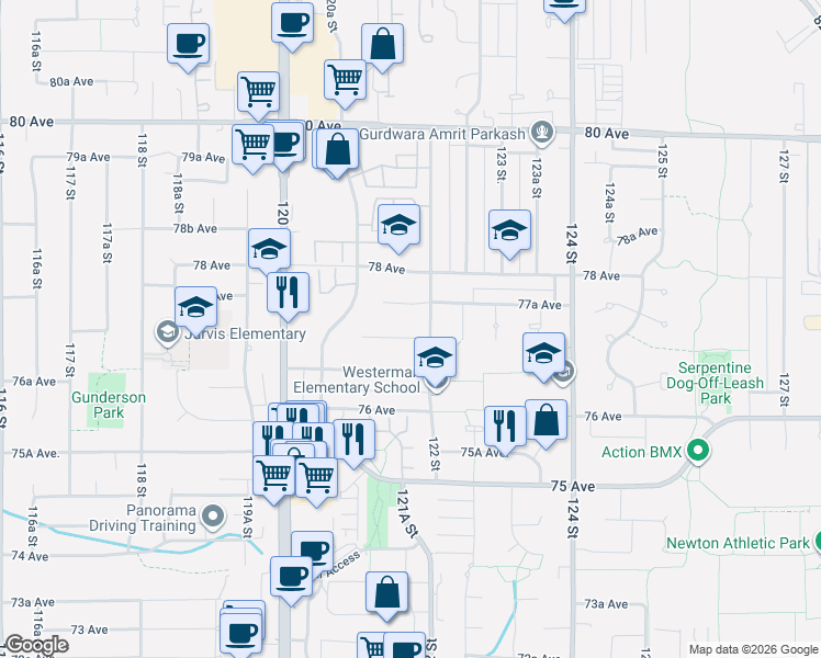 map of restaurants, bars, coffee shops, grocery stores, and more near 12183 77 Avenue in Surrey