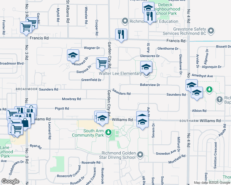 map of restaurants, bars, coffee shops, grocery stores, and more near 9200 Saunders Road in Richmond