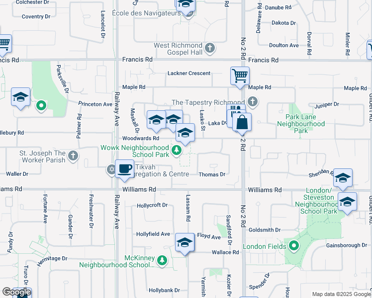 map of restaurants, bars, coffee shops, grocery stores, and more near 5380 Woodwards Road in Richmond