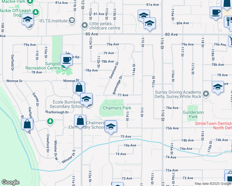 map of restaurants, bars, coffee shops, grocery stores, and more near 11377 77 Avenue in Delta