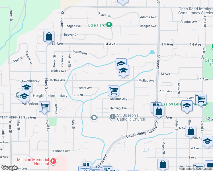 map of restaurants, bars, coffee shops, grocery stores, and more near 32527 Brant Avenue in Mission