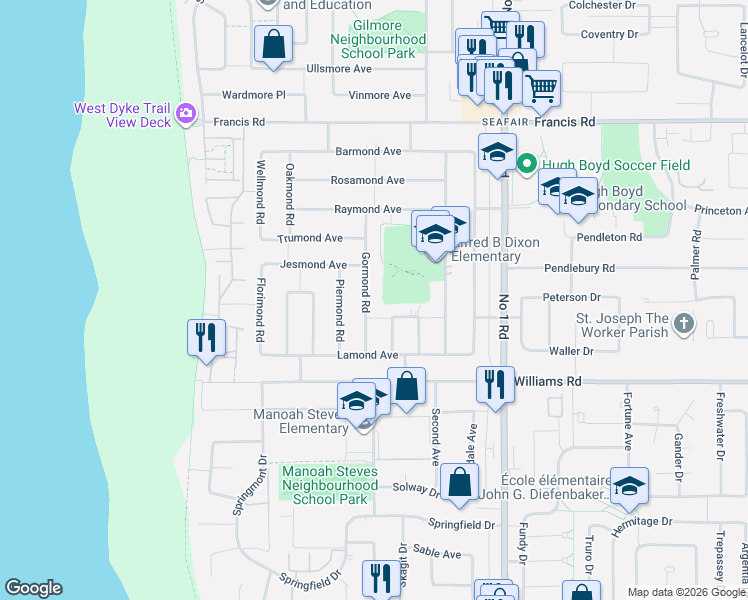 map of restaurants, bars, coffee shops, grocery stores, and more near 9460 Gormond Road in Richmond