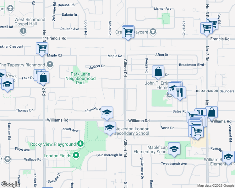 map of restaurants, bars, coffee shops, grocery stores, and more near 9560 Woodwards Place in Richmond