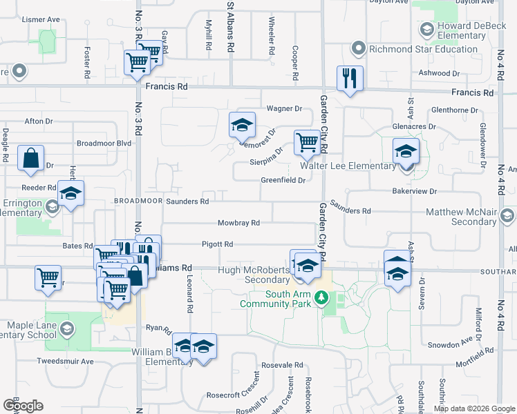 map of restaurants, bars, coffee shops, grocery stores, and more near 8571 Mowbray Road in Richmond