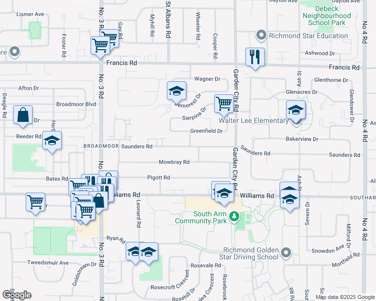 map of restaurants, bars, coffee shops, grocery stores, and more near 8540 Saunders Road in Richmond