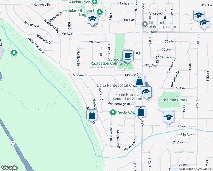 map of restaurants, bars, coffee shops, grocery stores, and more near 7715 Boynton Place in Delta