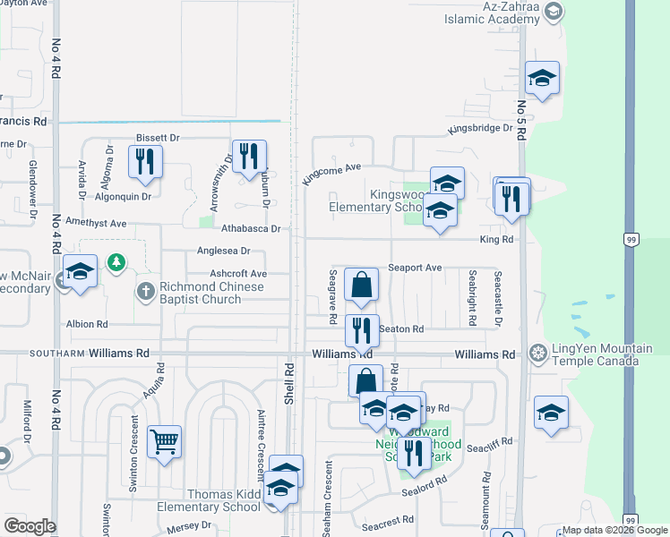 map of restaurants, bars, coffee shops, grocery stores, and more near 9691 Seagrave Road in Richmond