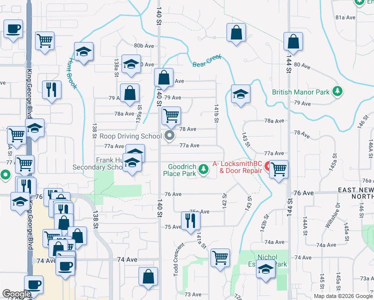map of restaurants, bars, coffee shops, grocery stores, and more near 14086 77A Avenue in Surrey