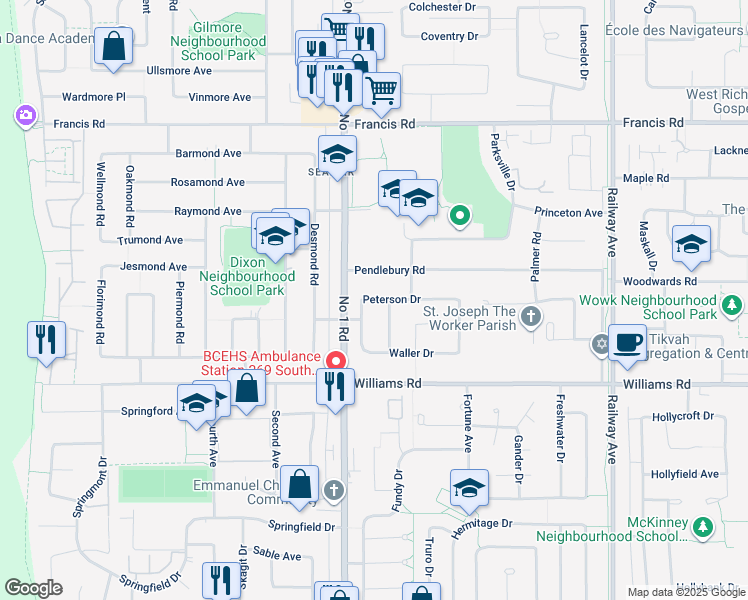 map of restaurants, bars, coffee shops, grocery stores, and more near 4128 Peterson Drive in Richmond