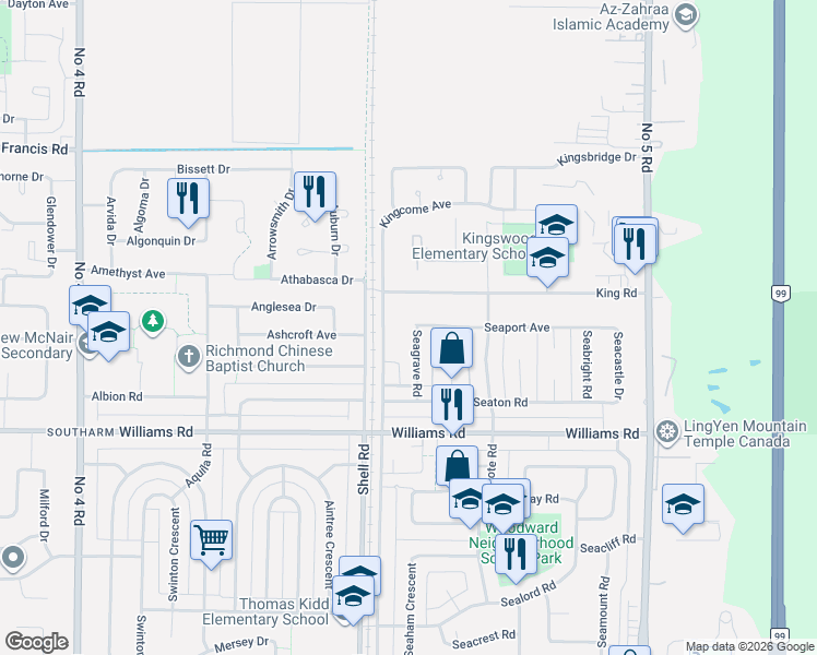 map of restaurants, bars, coffee shops, grocery stores, and more near 9691 Seagrave Road in Richmond