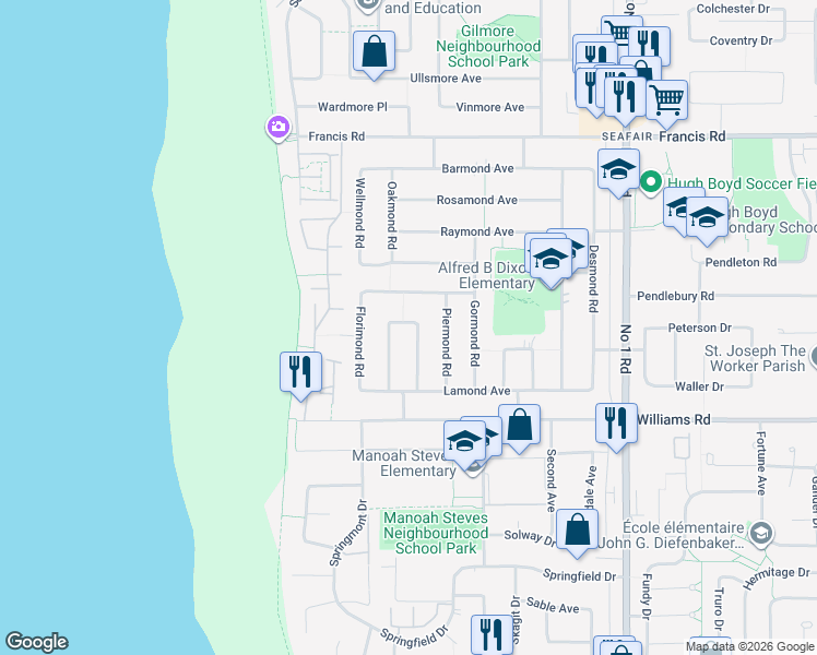 map of restaurants, bars, coffee shops, grocery stores, and more near 9351 Chapmond Crescent in Richmond