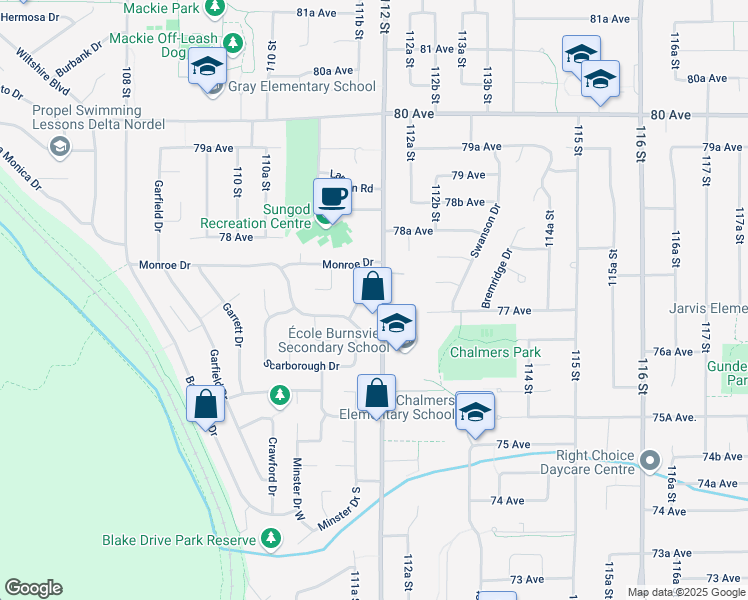 map of restaurants, bars, coffee shops, grocery stores, and more near 7745 112 Street in Delta