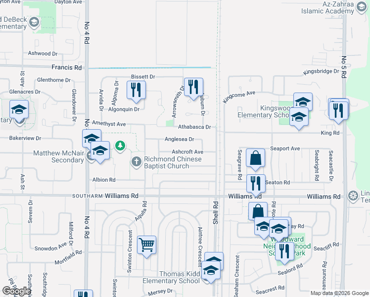 map of restaurants, bars, coffee shops, grocery stores, and more near 10840 Ashcroft Avenue in Richmond