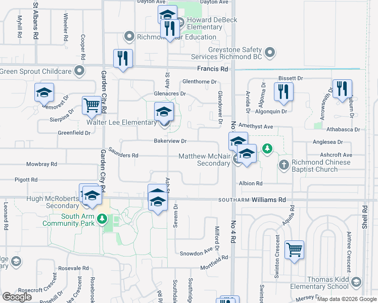 map of restaurants, bars, coffee shops, grocery stores, and more near 9560 Saunders Road in Richmond