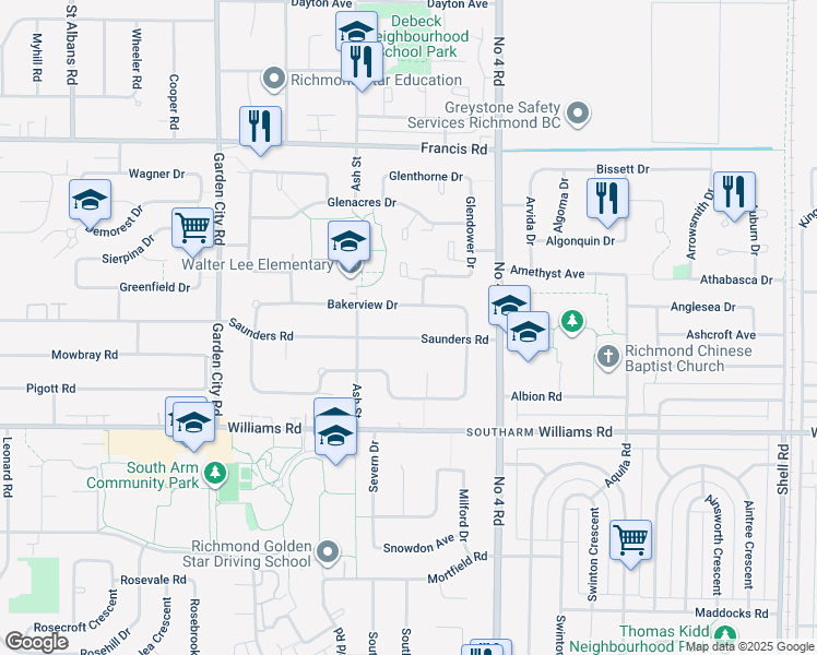 map of restaurants, bars, coffee shops, grocery stores, and more near 9631 Saunders Road in Richmond