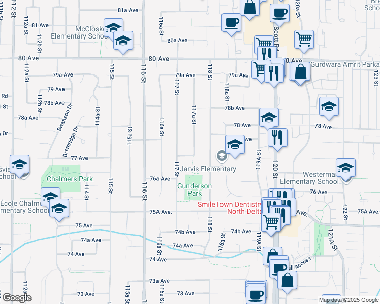 map of restaurants, bars, coffee shops, grocery stores, and more near 11739 77 Avenue in Delta