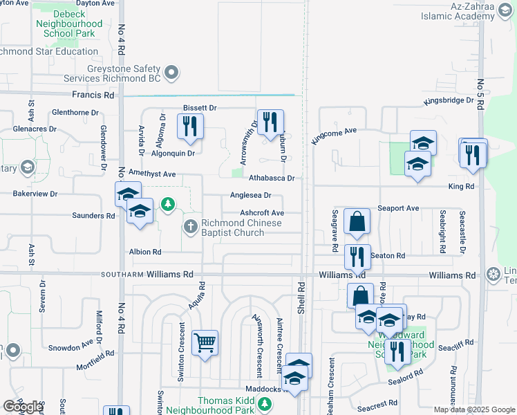 map of restaurants, bars, coffee shops, grocery stores, and more near 10791 Ashcroft Avenue in Richmond
