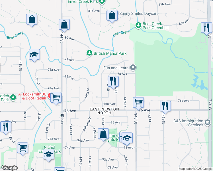 map of restaurants, bars, coffee shops, grocery stores, and more near 7731 146A Street in Surrey