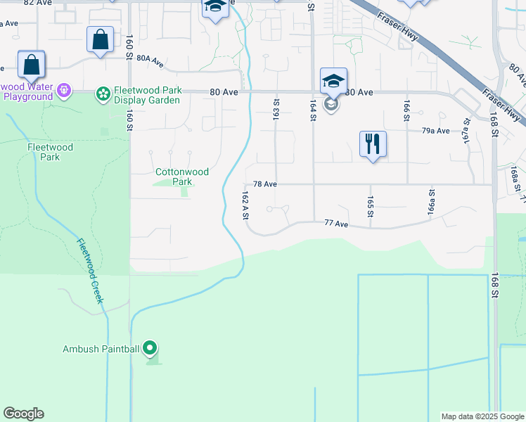 map of restaurants, bars, coffee shops, grocery stores, and more near 7785 163 Street in Surrey