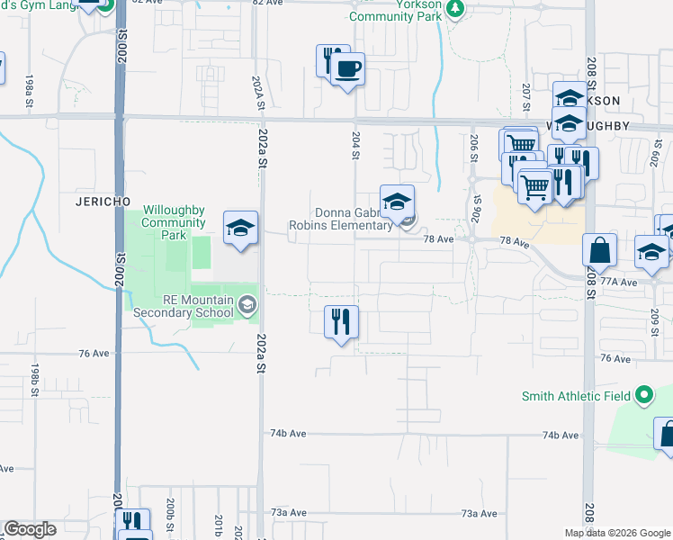 map of restaurants, bars, coffee shops, grocery stores, and more near 7762 203 Street in Langley Township