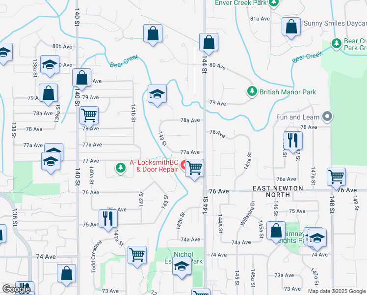 map of restaurants, bars, coffee shops, grocery stores, and more near 14331 77A Avenue in Surrey